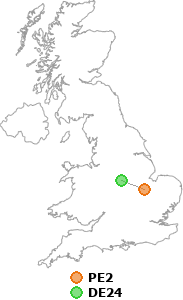 map showing distance between PE2 and DE24