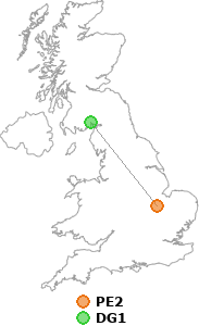 map showing distance between PE2 and DG1