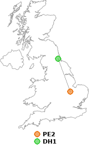 map showing distance between PE2 and DH1