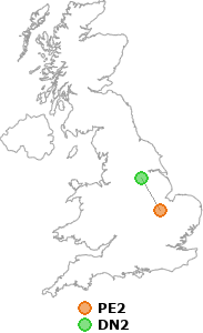 map showing distance between PE2 and DN2