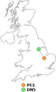 map showing distance between PE2 and DN5