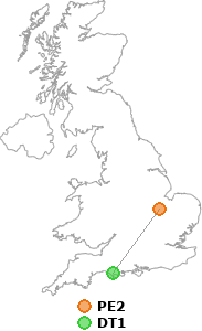 map showing distance between PE2 and DT1