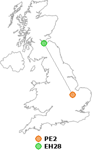 map showing distance between PE2 and EH28