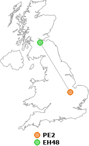 map showing distance between PE2 and EH48