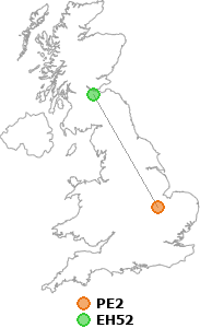 map showing distance between PE2 and EH52