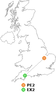 map showing distance between PE2 and EX2