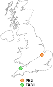 map showing distance between PE2 and EX31