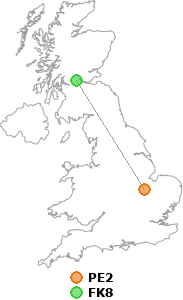 map showing distance between PE2 and FK8