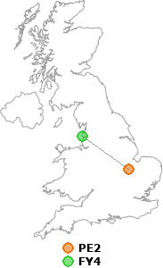 map showing distance between PE2 and FY4