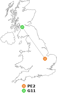 map showing distance between PE2 and G11