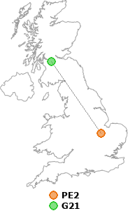 map showing distance between PE2 and G21