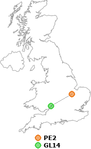 map showing distance between PE2 and GL14