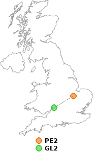 map showing distance between PE2 and GL2