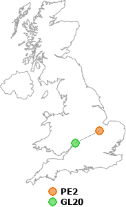 map showing distance between PE2 and GL20