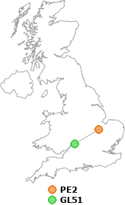 map showing distance between PE2 and GL51