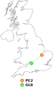 map showing distance between PE2 and GL8