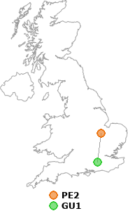 map showing distance between PE2 and GU1