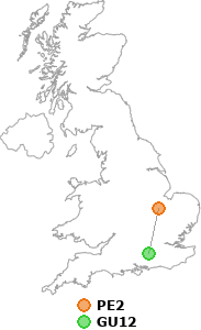 map showing distance between PE2 and GU12