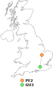 map showing distance between PE2 and GU3