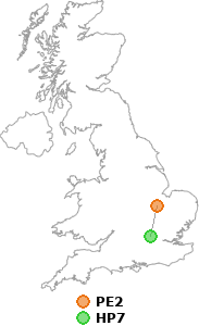 map showing distance between PE2 and HP7