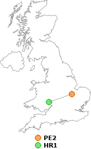 map showing distance between PE2 and HR1