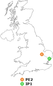 map showing distance between PE2 and IP1