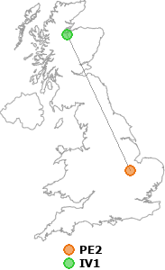 map showing distance between PE2 and IV1