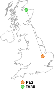 map showing distance between PE2 and IV30