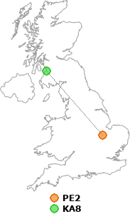 map showing distance between PE2 and KA8