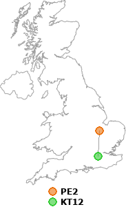 map showing distance between PE2 and KT12