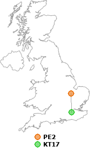 map showing distance between PE2 and KT17