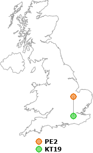 map showing distance between PE2 and KT19