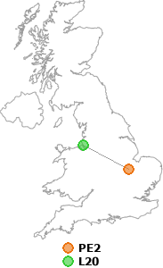 map showing distance between PE2 and L20