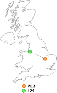 map showing distance between PE2 and L24