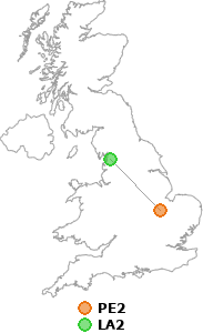 map showing distance between PE2 and LA2