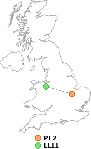 map showing distance between PE2 and LL11