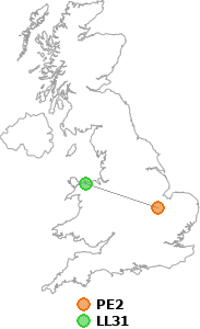 map showing distance between PE2 and LL31