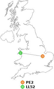 map showing distance between PE2 and LL52