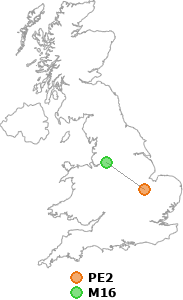 map showing distance between PE2 and M16