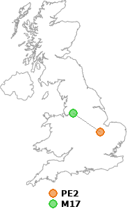 map showing distance between PE2 and M17