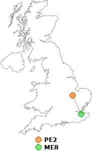 map showing distance between PE2 and ME8