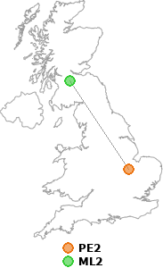 map showing distance between PE2 and ML2