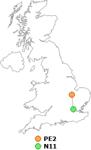 map showing distance between PE2 and N11