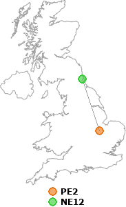 map showing distance between PE2 and NE12