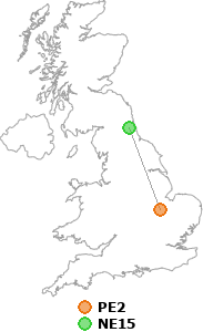 map showing distance between PE2 and NE15