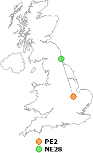 map showing distance between PE2 and NE28