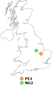 map showing distance between PE2 and NG2