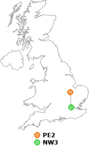 map showing distance between PE2 and NW3