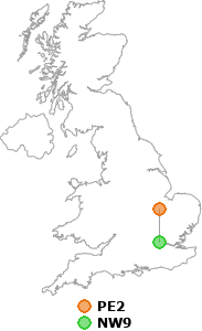 map showing distance between PE2 and NW9