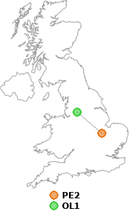 map showing distance between PE2 and OL1